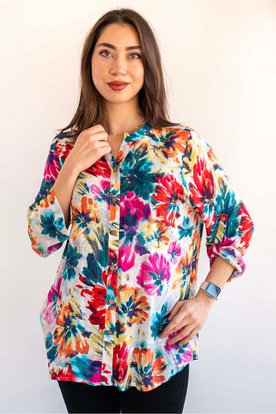 citycenterfashion Large Size Fold Sleeve Shirt - 100% Cotton Organic Linen cty-akc-uzd1