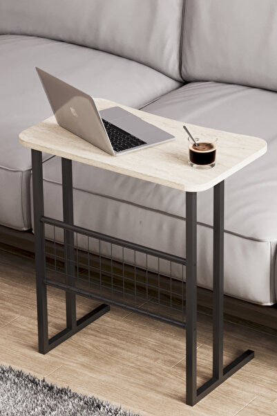 interGO Metal Ayaklı Laptop Sehpası Koltuk Sehpası Kahvaltı Masası Çalışma Sehpası - Traverten Desenli
