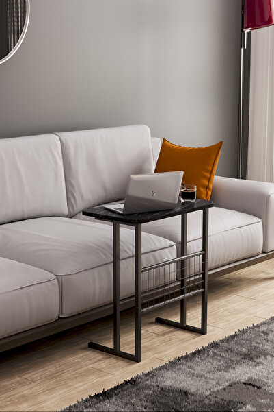 interGO حامل كمبيوتر محمول بأرجل معدنية وطاولة مقعد وطاولة إفطار وطاولة دراسة - نمط رخام أسود