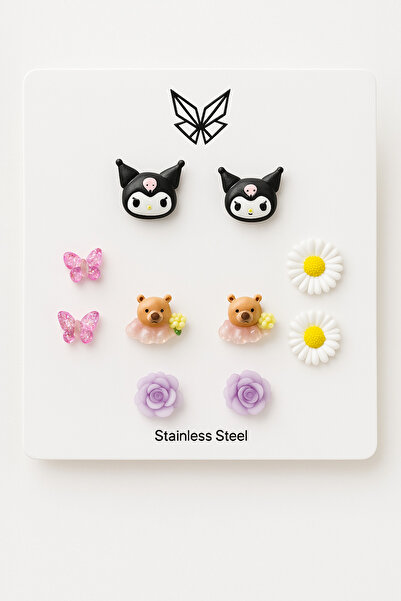 MakeWell Çelik Kararmaz Kuromi Hello Kity Tavşan Civciv Mickey Mouse Tasarımlı 5li Çelik Küpe Seti