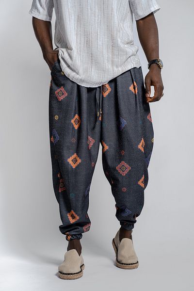 SUPERBLUE Men's Patterned Wrinkled Baggy Colorful Baggy Trousers