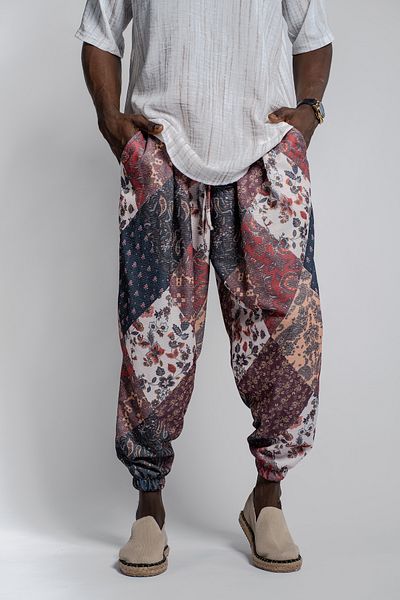 SUPERBLUE Men's Loose Patterned Wrinkled Baggy Baggy Trousers