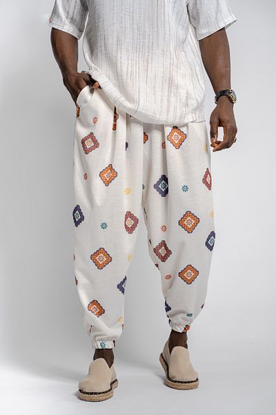 SUPERBLUE Men's Patterned Wrinkled Baggy White Baggy Trousers
