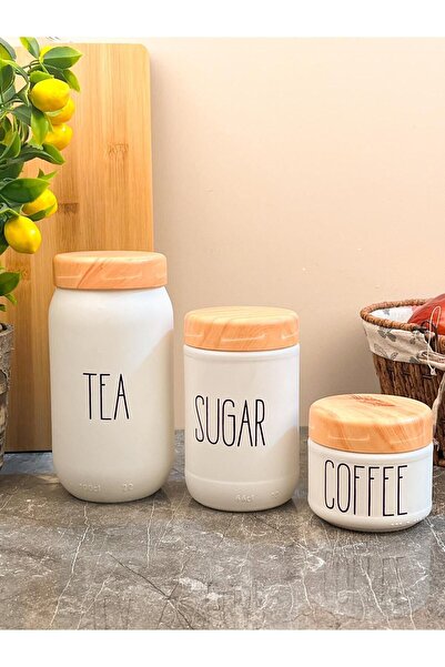 Sezka Life 3 Lü Seramik Baharatlık Kavanoz Bambu Kapaklı Vakumlu Baharat Takımı