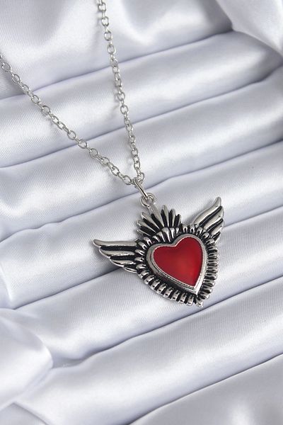 Clariss Silver Color Winged Red Heart Model Women's Necklace