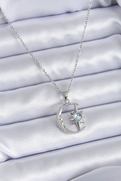 Clariss 316L Steel Silver Color Zircon Stone Crescent Star Model Women's Necklace