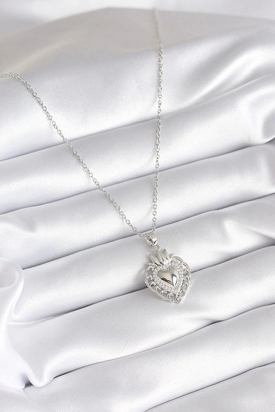 Clariss 316L Steel Silver Color Zircon Stone Detail Crown Heart Model Women's Necklace