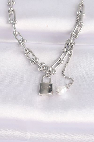 Clariss 316L Steel Chain Silver Color Chain Love Written Lock Necklace