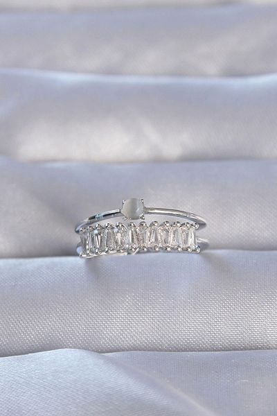 Clariss Brass Silver Color Zircon Stone Baguette Waterway Model Adjustable Ring