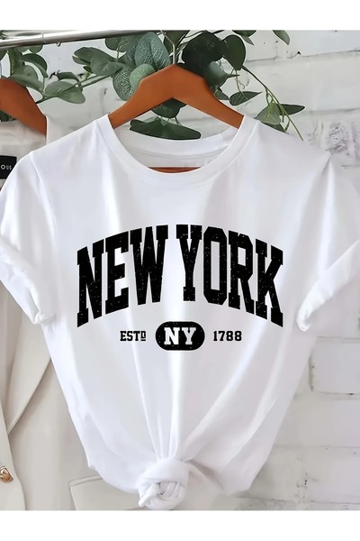 LAND MODA Μπλουζάκι με στρογγυλή λαιμόκοψη με στάμπα New York, άνετο κοντομάν...