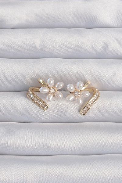 Clariss Brass Gold Color Zircon Stone Curved Pearl Flower Earrings