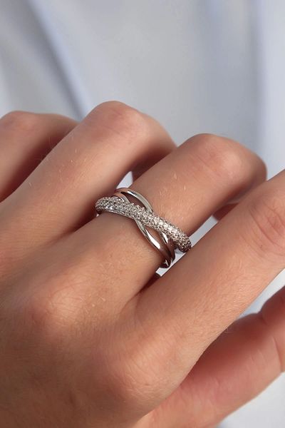 Epatim Brass Adjustable Silver Color Zircon Stone Cross Appearance Ring