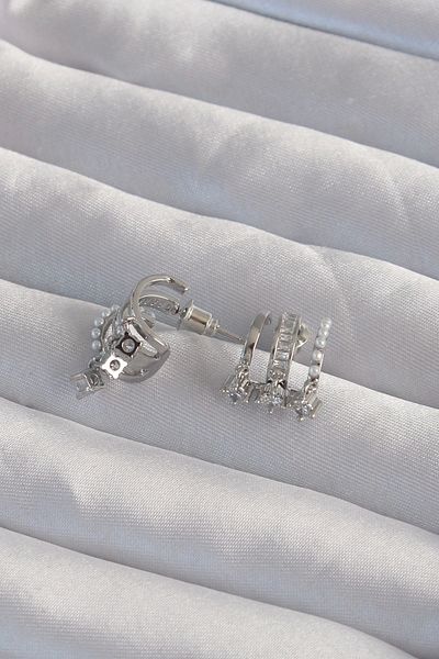 Clariss Brass Silver Color Multiple Zircon Stone Half Hoop Earrings with Pearls