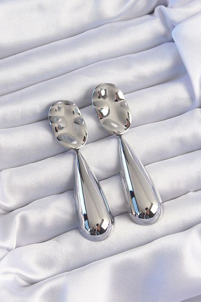 Clariss Brass Silver Color Long Curved Scrunch Plate Earrings
