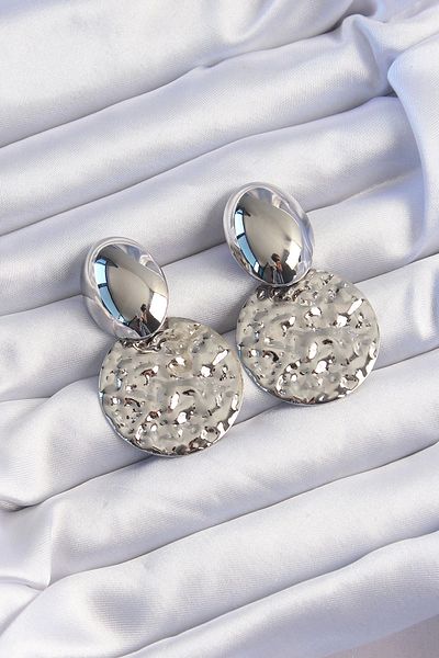 Store Brass Silver Color Oval Crushed Plate Earrings