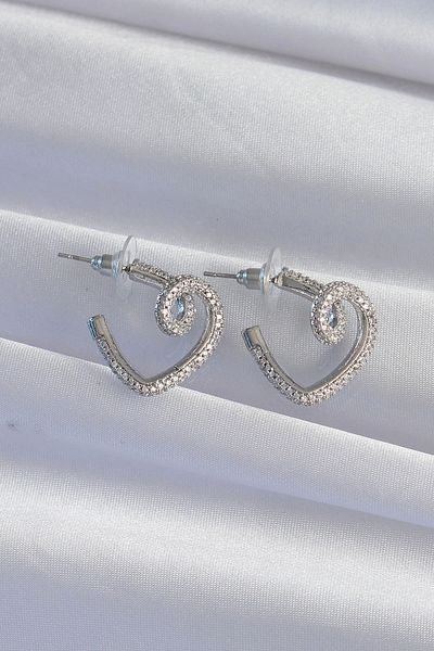 Clariss Brass Silver Color Zircon Cubic Zirconia Curved Half Heart Earrings
