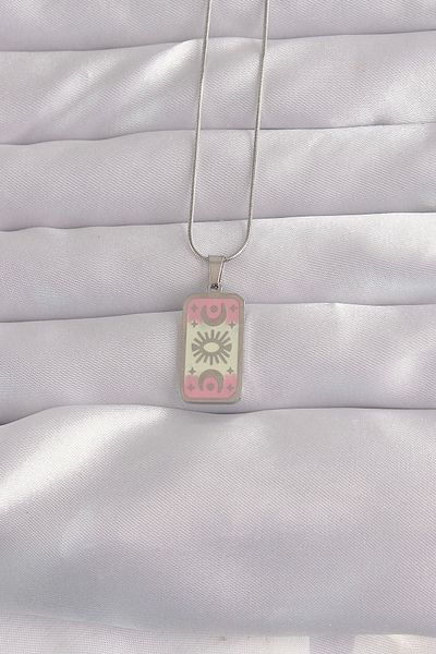 Clariss 316L Steel Silver Color Pink Enamel Moon Figure Tarot Necklace