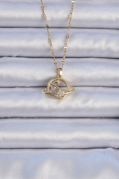 Clariss 316L Steel Chain Gold Color Zircon Stone Starry Saturn Necklace