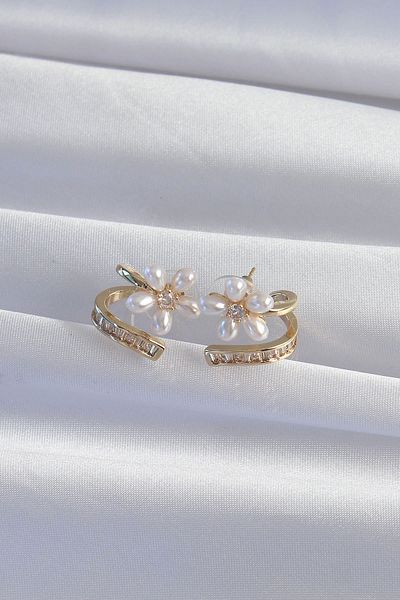 Clariss Brass Gold Color Zircon Stone Curved Pearl Flower Earrings