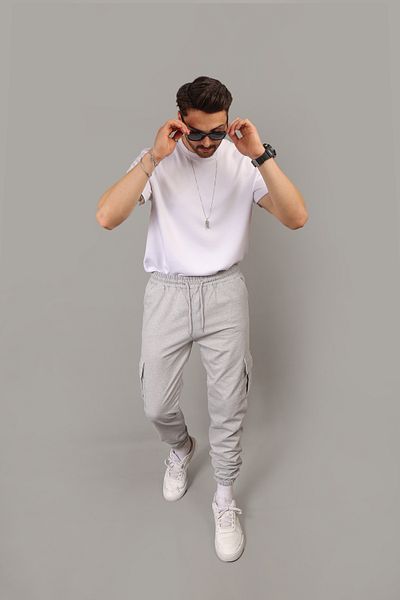 INFLUYENTE Ανδρικό γκρι Cargo Pocket Standard Fit 2 νήματα ελαστικό παντελόνι