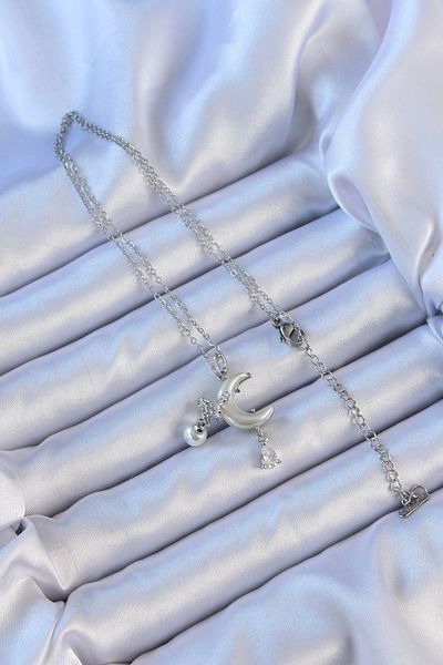 Clariss 316L Steel Chain Silver Color Zircon Stone Butterfly Enamel Moon Necklace