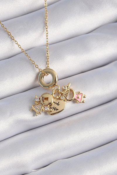Store 316L Steel Gold Color Zircon Stone Detail Children's Figure Charm Model Women's Necklace