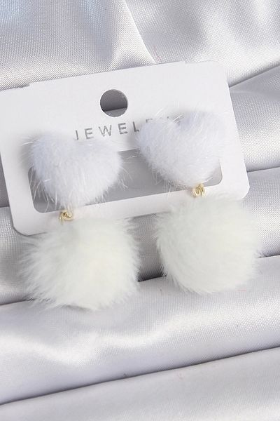 Clariss White Feather Heart Pompom Model Women's Earrings