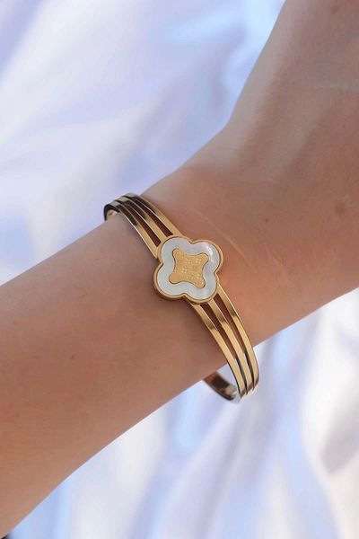 Clariss 316L Steel Gold Color Embroidered Pearlescent Clover Handcuffs