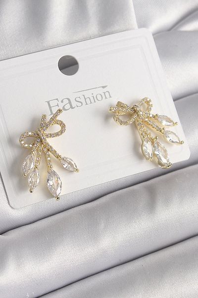Clariss Brass Gold Color Zircon Stone Knot Model Drop Zircon Stone Women's Earrings