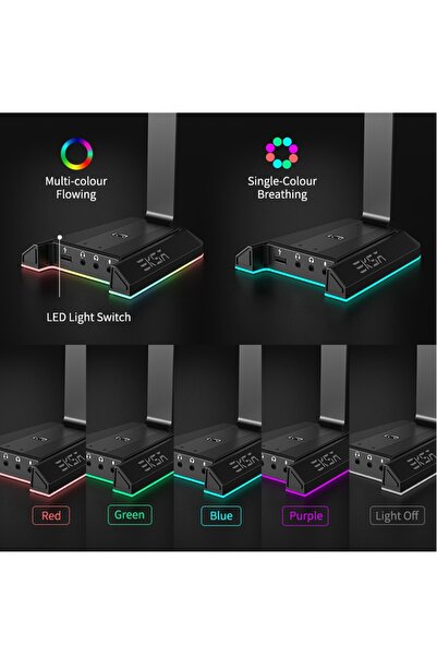 Eksa حامل سماعة رأس RBG مزود بمنفذي USB ومقابس صوت مقاس 3.5 ملم