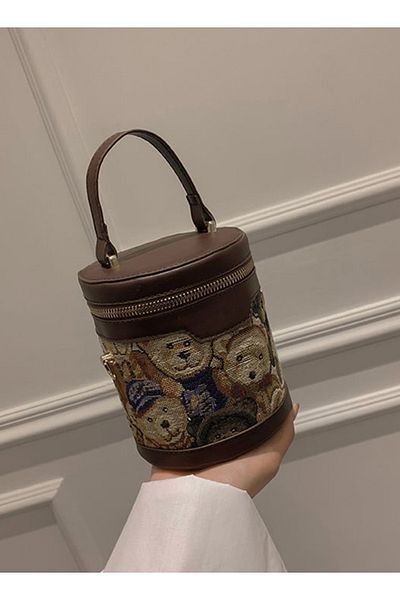 ETG Cute Bear Printed Ladies Zipper Round Bucket Handbag Cross-body Shoulder Bag for Women