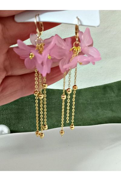 mos&more Pastel Pink Flower Gold Dangle Long Women Earrings