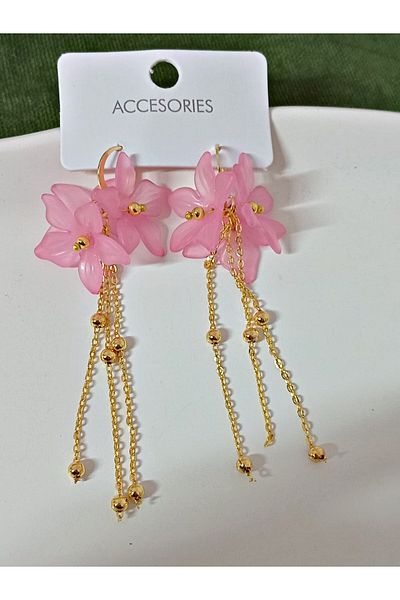 mos&more Pastel Pink Flower Gold Dangle Long Women Earrings