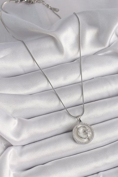 Clariss 316L Steel Silver Color Chain Zircon Stone Detailed White Pearlescent Moon Star Processing Women's Necklace