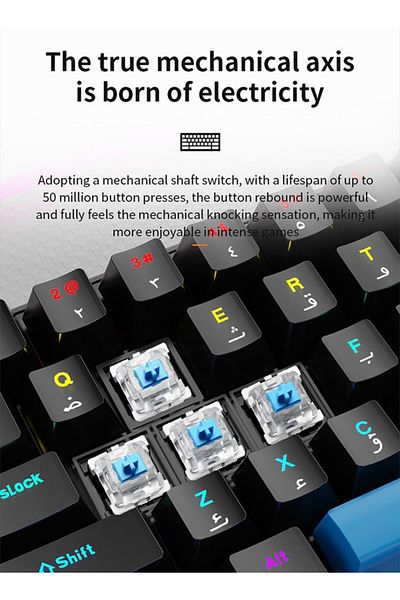 FlashHawk Arabic & English Wired Gaming Keyboard,68 Keys Blue Switches Mechanical Keyboard