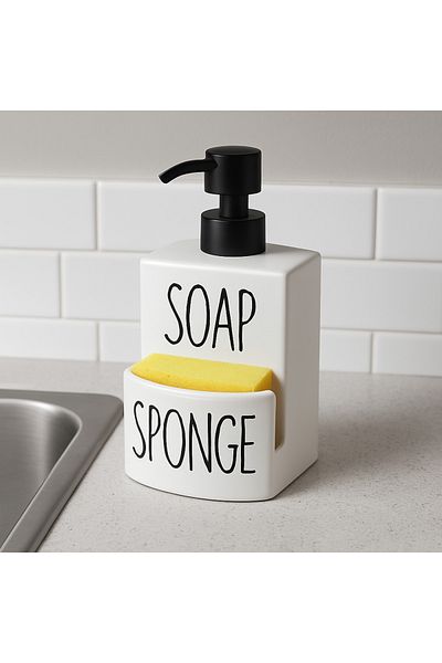 Mirilliahome Πορσελάνινο Σαπουνάκι Κουζίνας με Σφουγγάρι – Δοχείο Υγρού Σαπουνιού