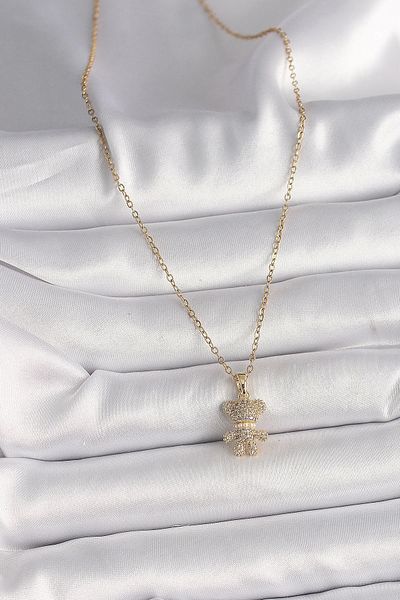 Clariss 316L Steel Gold Color Chain Zircon Stone Teddy Bear Figure Women's Necklace