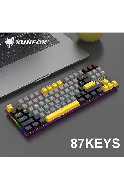 XUNFOX لوحة مفاتيح ميكانيكية للألعاب، إنجليزية وعربية، بإضاءة خلفية RGB، سلكية USB، 87 مفتاحًا، مفتاح أزرق