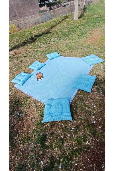 Marin Tasarım Evi Small Checkered Blue Picnic Cover Set 6 Pieces 40X40 Cushions 170X170 Table Cloth