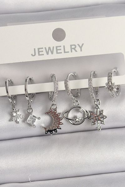 Clariss Brass Silver Color Zircon Stone Traveler Model Women's Earring Set