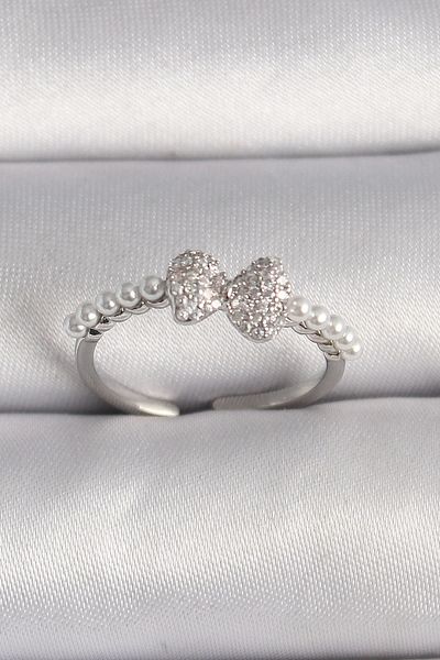 Clariss Brass Silver Color Zircon Stone Bow Pearl Detail Adjustable Ring