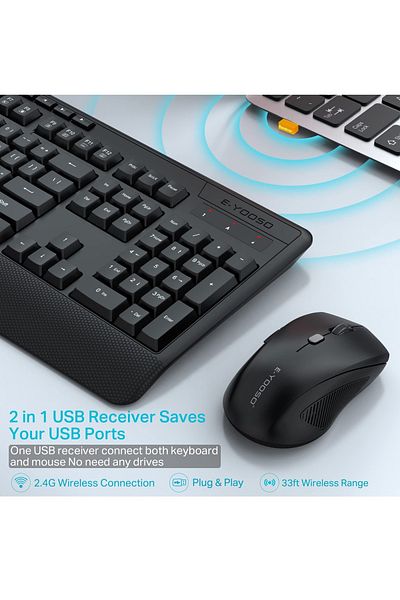 e-yooso 2.4G Wireless Keyboard and Mouse Combo,Full-Sized Ergonomic Keyboard