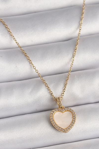Clariss 316L Steel Gold Color Chain Zircon Stone White Enamel Heart Model Women's Necklace