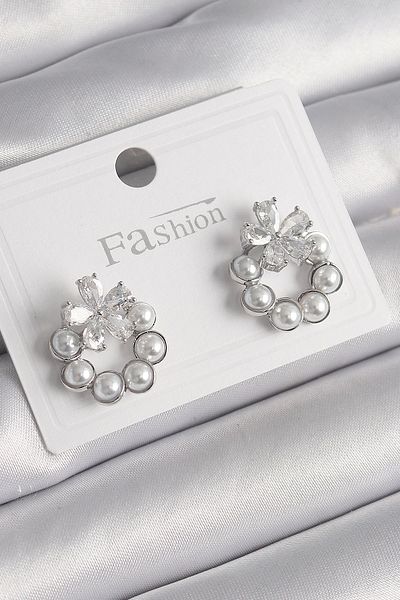Clariss Brass Silver Color Pearl Hoop Model Zircon Stone Flower Detail Women's Earrings