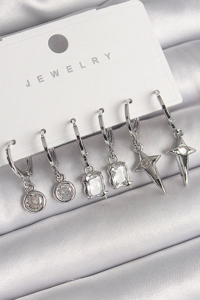 Clariss Brass Silver Color Hanging Square Zircon Stone Star Model Women's Earring Set