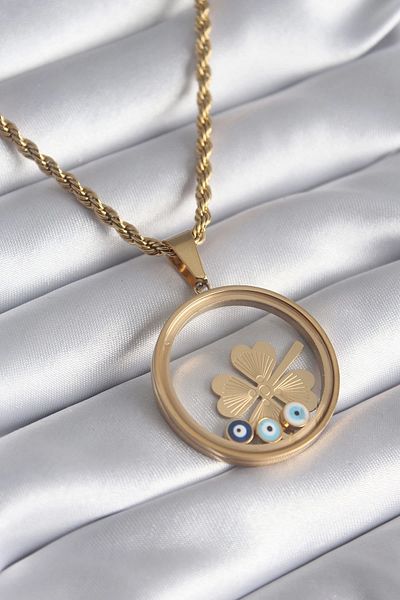 Clariss 316L Steel Gold Color Twirl Chain Clover Figure Openable Bell Model Women's Necklace