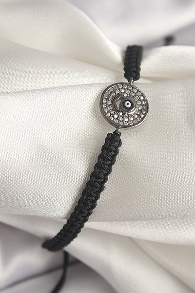 Clariss Brass Smoked Color Zircon Stone Evil Eye Bead Embroidered Macrame Elevator Model Women's Bracelet