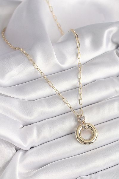 Clariss Brass Gold Color Zircon Stone Detailed Medallion Model Women's Necklace
