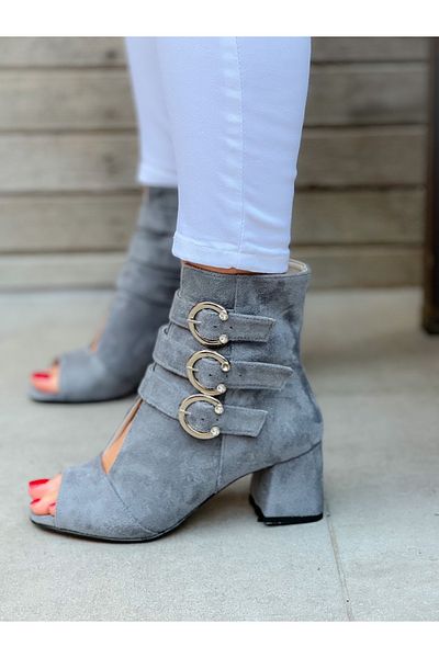 irmona Ellas Gray Calf Suede Buckle Summer Boots Sandals