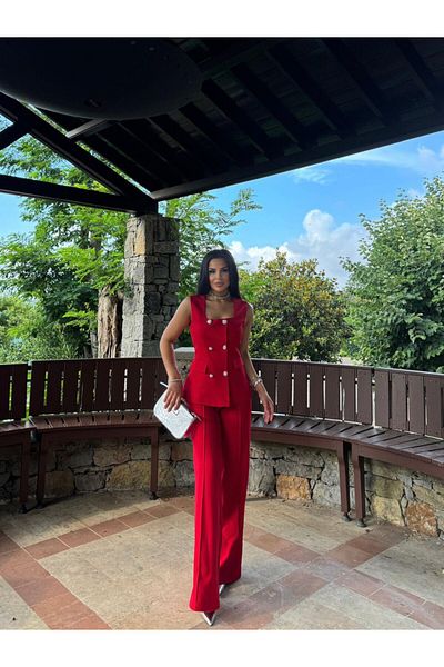 LOBOLIC Women's Special Design Double Set- Square Collar Blazer Vest and Palazzo Pants Stylish Set